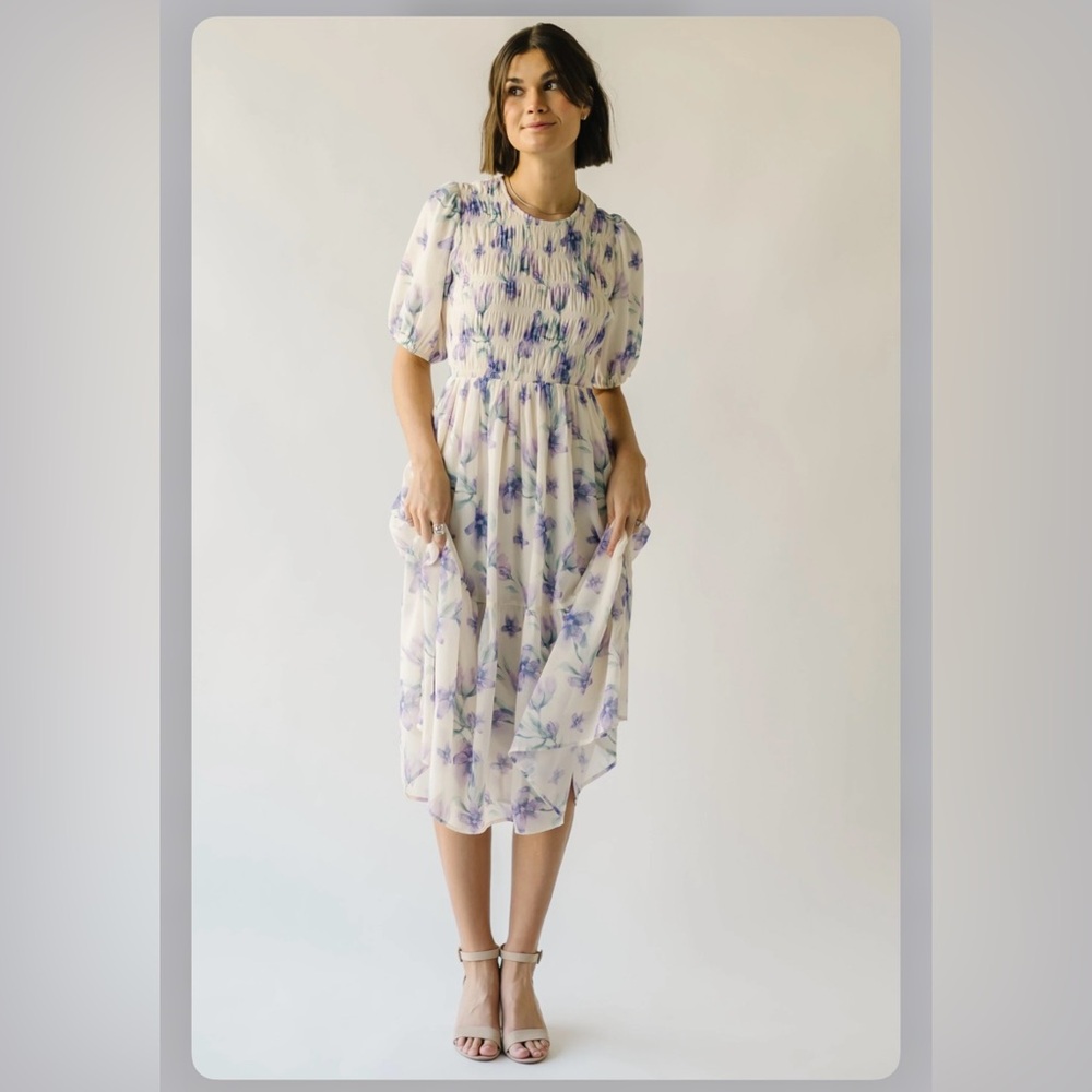 Polagram Cream and Purple Floral Midi Dress